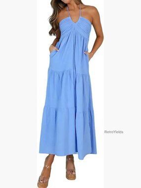 Casual Halter Tiered Maxi Dress with Pockets, Regular Fit, Cotton